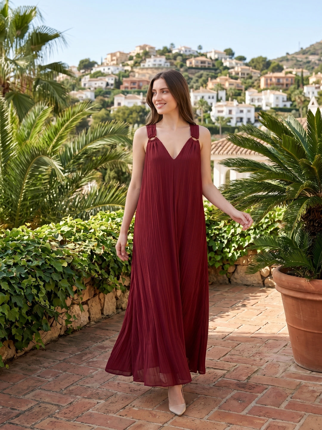 Wine Chiffon column Halter Lace-up Floor-Length Bridesmaid Dress - Curvevia