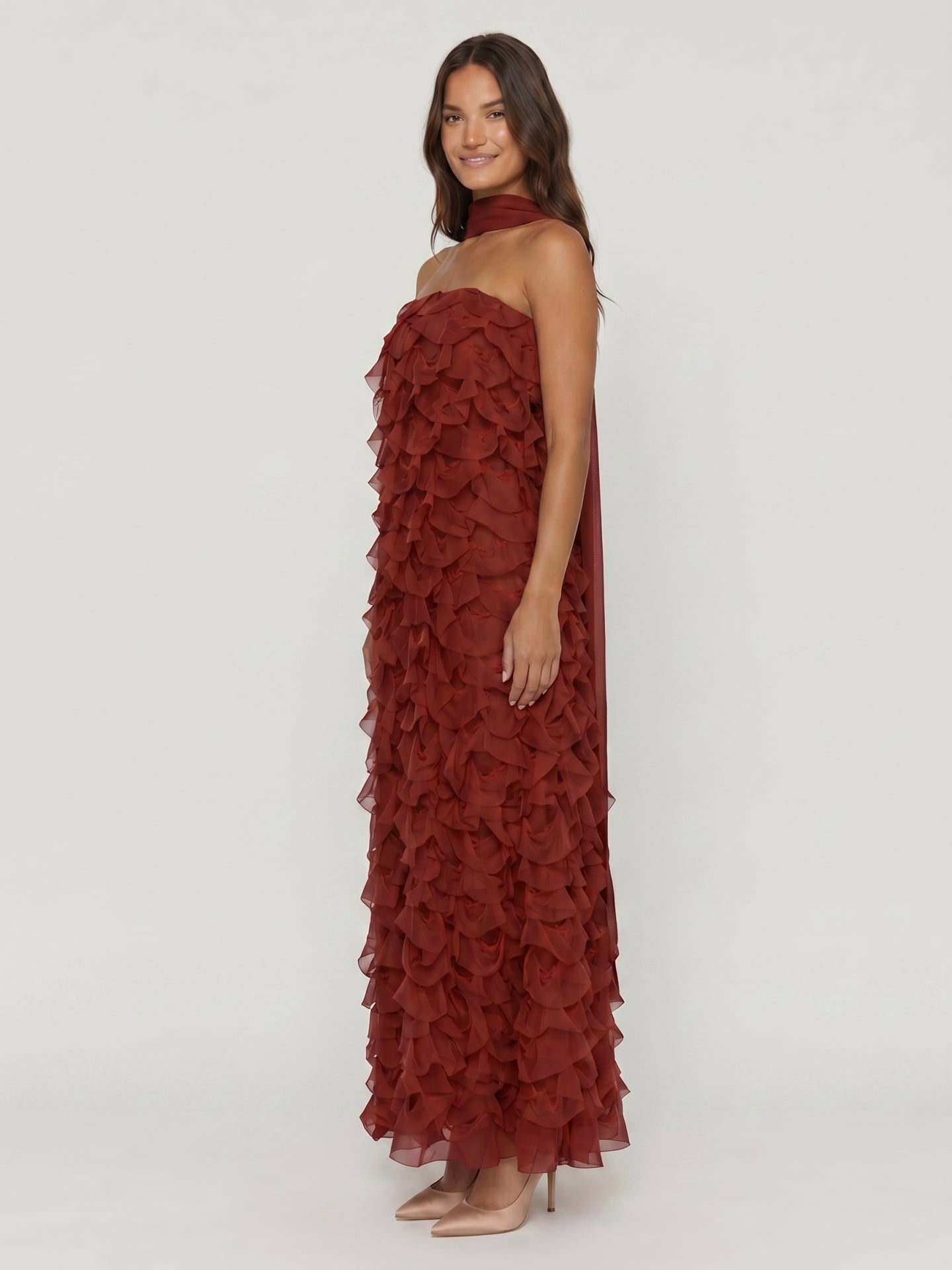 Wine Chiffon column Off-the-Shoulder Backless Bridesmaid Dress with Cascading Ruffles - Curvevia