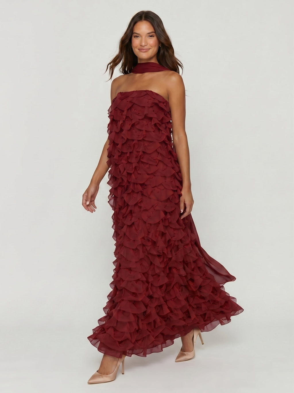Wine Chiffon column Off-the-Shoulder Backless Bridesmaid Dress with Cascading Ruffles - Curvevia