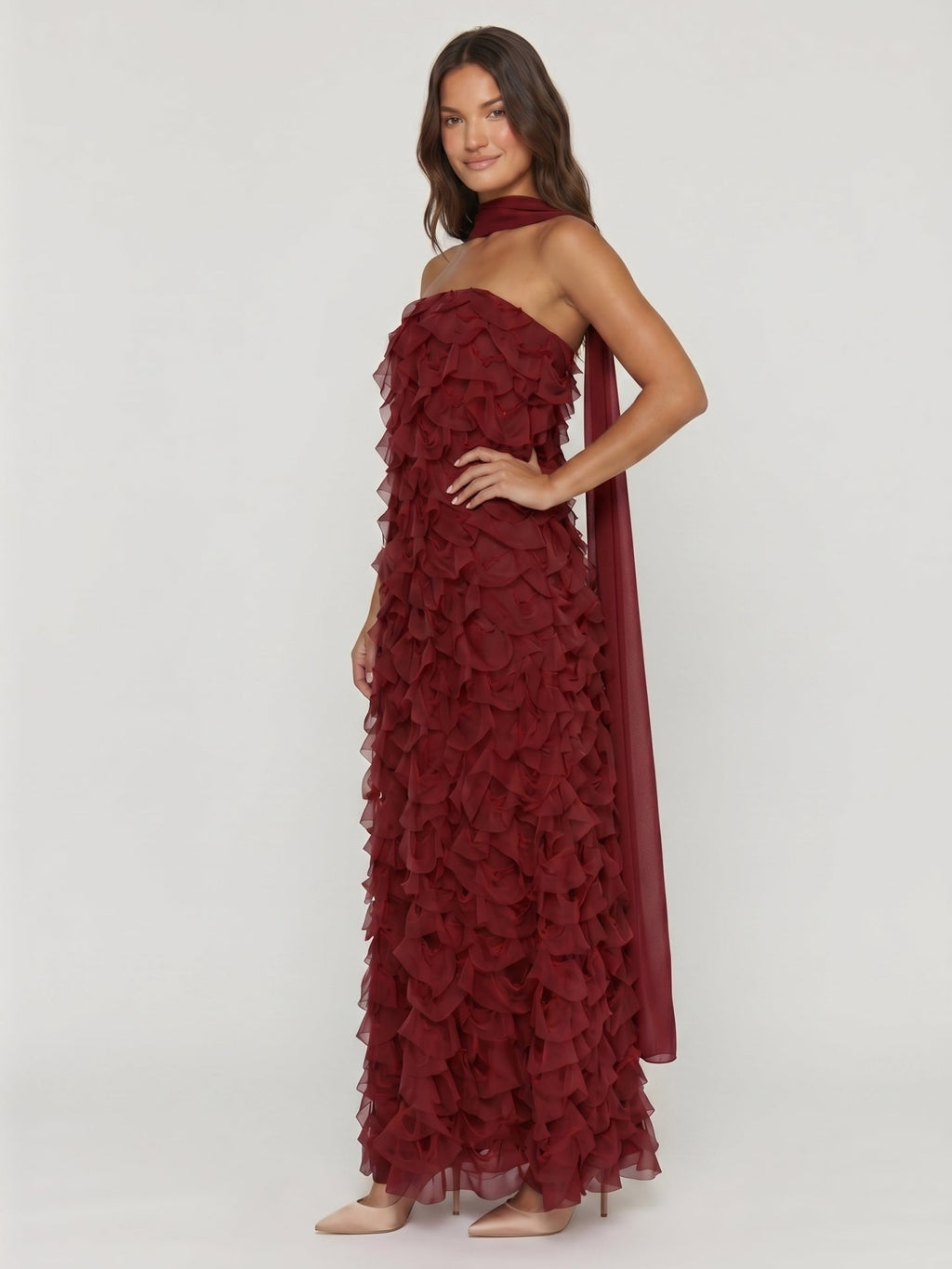 Wine Chiffon column Off-the-Shoulder Backless Bridesmaid Dress with Cascading Ruffles - Curvevia
