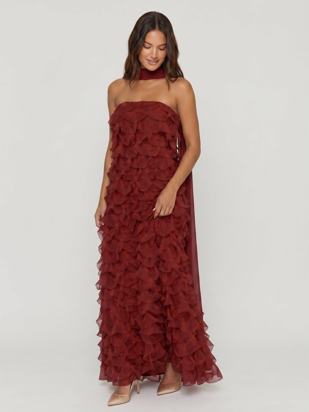 Wine Chiffon column Off-the-Shoulder Backless Bridesmaid Dress with Cascading Ruffles - Curvevia