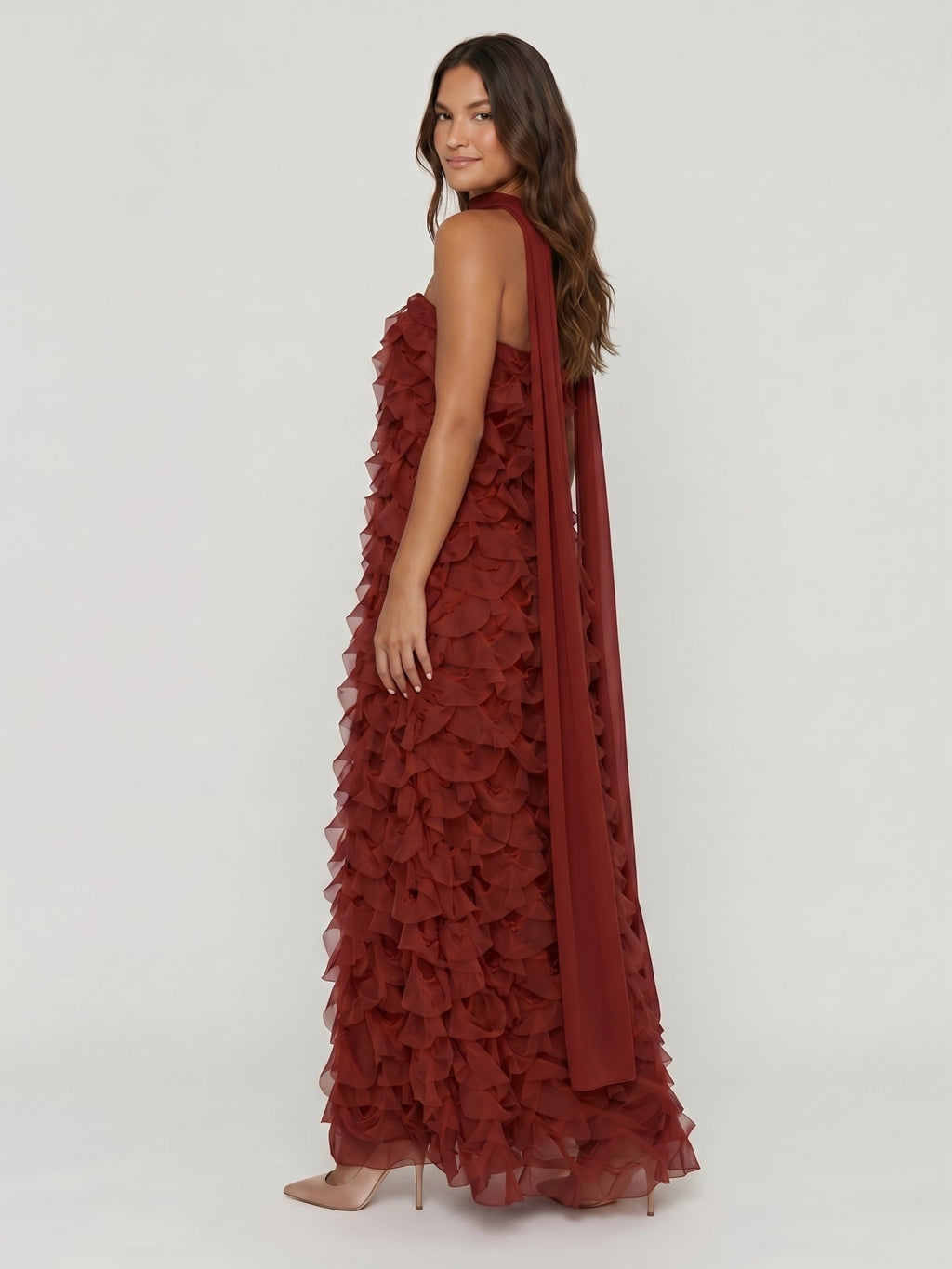 Wine Chiffon column Off-the-Shoulder Backless Bridesmaid Dress with Cascading Ruffles - Curvevia