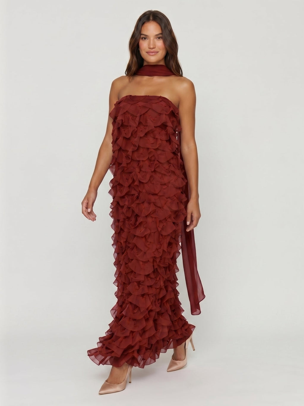 Wine Chiffon column Off-the-Shoulder Backless Bridesmaid Dress with Cascading Ruffles - Curvevia