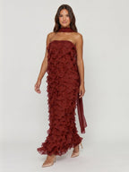Wine Chiffon column Off-the-Shoulder Backless Bridesmaid Dress with Cascading Ruffles - Curvevia