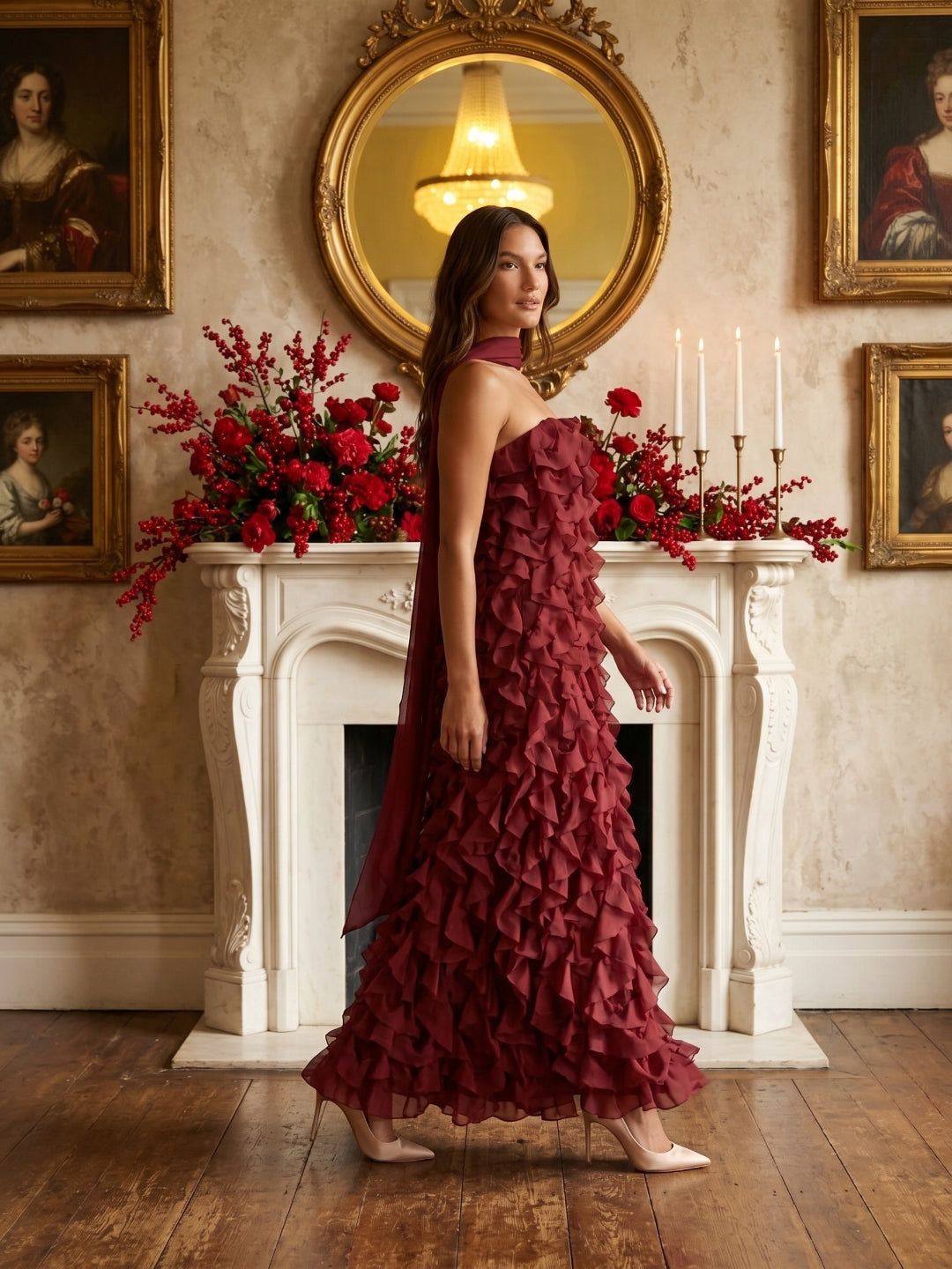 Wine Chiffon column Off-the-Shoulder Backless Bridesmaid Dress with Cascading Ruffles - Curvevia