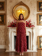 Wine Chiffon column Off-the-Shoulder Backless Bridesmaid Dress with Cascading Ruffles - Curvevia