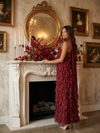 Wine Chiffon column Off-the-Shoulder Backless Bridesmaid Dress with Cascading Ruffles - Curvevia