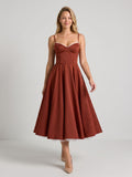 Wine Matte Satin A-Line V-Neck Back Zip Tea-Length Birthday Dress - Curvevia