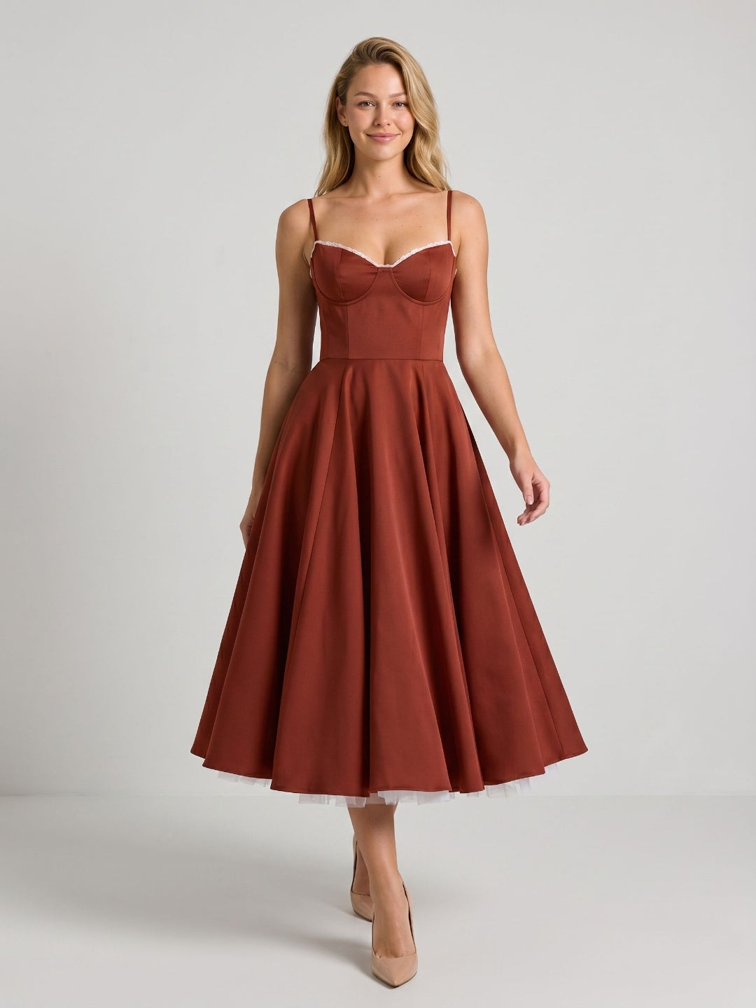 Wine Matte Satin A-Line V-Neck Back Zip Tea-Length Birthday Dress - Curvevia