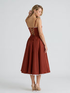 Wine Matte Satin A-Line V-Neck Back Zip Tea-Length Birthday Dress - Curvevia