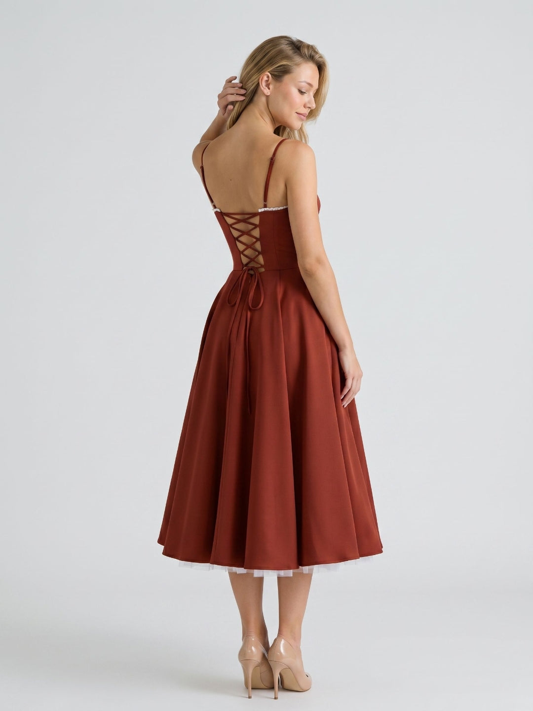 Wine Matte Satin A-Line V-Neck Back Zip Tea-Length Birthday Dress - Curvevia