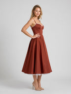 Wine Matte Satin A-Line V-Neck Back Zip Tea-Length Birthday Dress - Curvevia