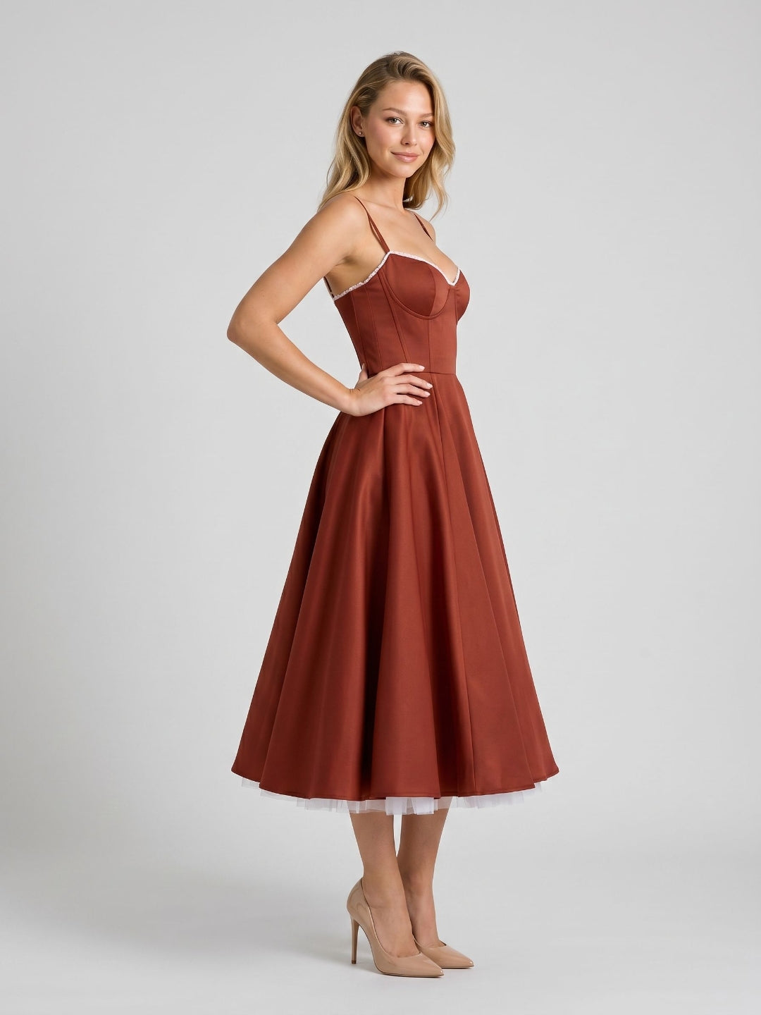 Wine Matte Satin A-Line V-Neck Back Zip Tea-Length Birthday Dress - Curvevia