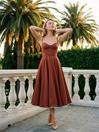 Wine Matte Satin A-Line V-Neck Back Zip Tea-Length Birthday Dress - Curvevia
