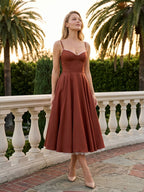 Wine Matte Satin A-Line V-Neck Back Zip Tea-Length Birthday Dress - Curvevia