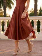 Wine Matte Satin A-Line V-Neck Back Zip Tea-Length Birthday Dress - Curvevia