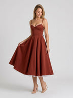 Wine Matte Satin A-Line V-Neck Back Zip Tea-Length Birthday Dress - Curvevia