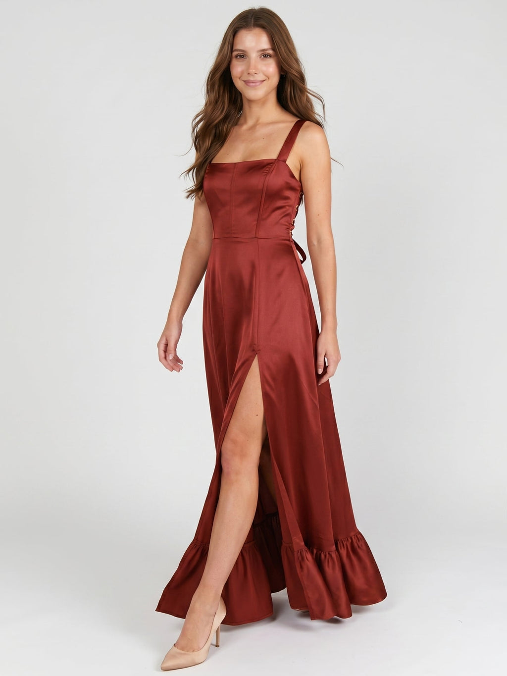 Wine Satin A-Line Square Neck Criss-Cross Straps Bridesmaid Dress with Ruffle - Curvevia