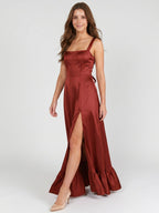 Wine Satin A-Line Square Neck Criss-Cross Straps Bridesmaid Dress with Ruffle - Curvevia