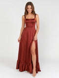Wine Satin A-Line Square Neck Criss-Cross Straps Bridesmaid Dress with Ruffle - Curvevia