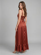 Wine Satin A-Line Square Neck Criss-Cross Straps Bridesmaid Dress with Ruffle - Curvevia