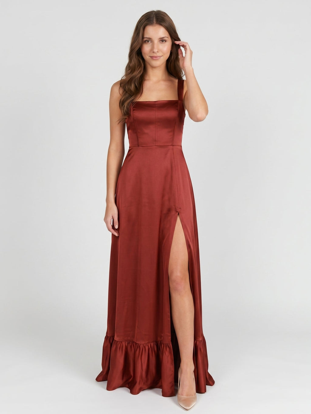 Wine Satin A-Line Square Neck Criss-Cross Straps Bridesmaid Dress with Ruffle - Curvevia