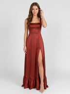 Wine Satin A-Line Square Neck Criss-Cross Straps Bridesmaid Dress with Ruffle - Curvevia