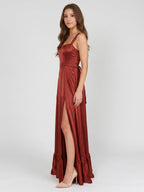 Wine Satin A-Line Square Neck Criss-Cross Straps Bridesmaid Dress with Ruffle - Curvevia