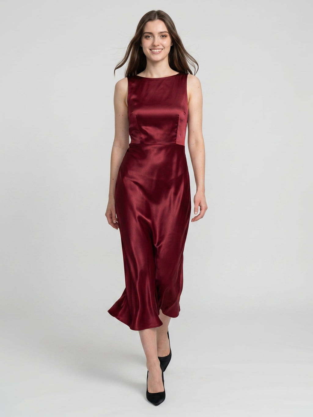 Wine Satin A-Line Scoop Neck Backless Ankle-Length Bridesmaid Dress - Curvevia
