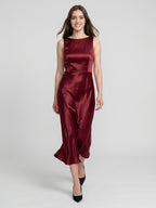 Wine Satin A-Line Scoop Neck Backless Ankle-Length Bridesmaid Dress - Curvevia