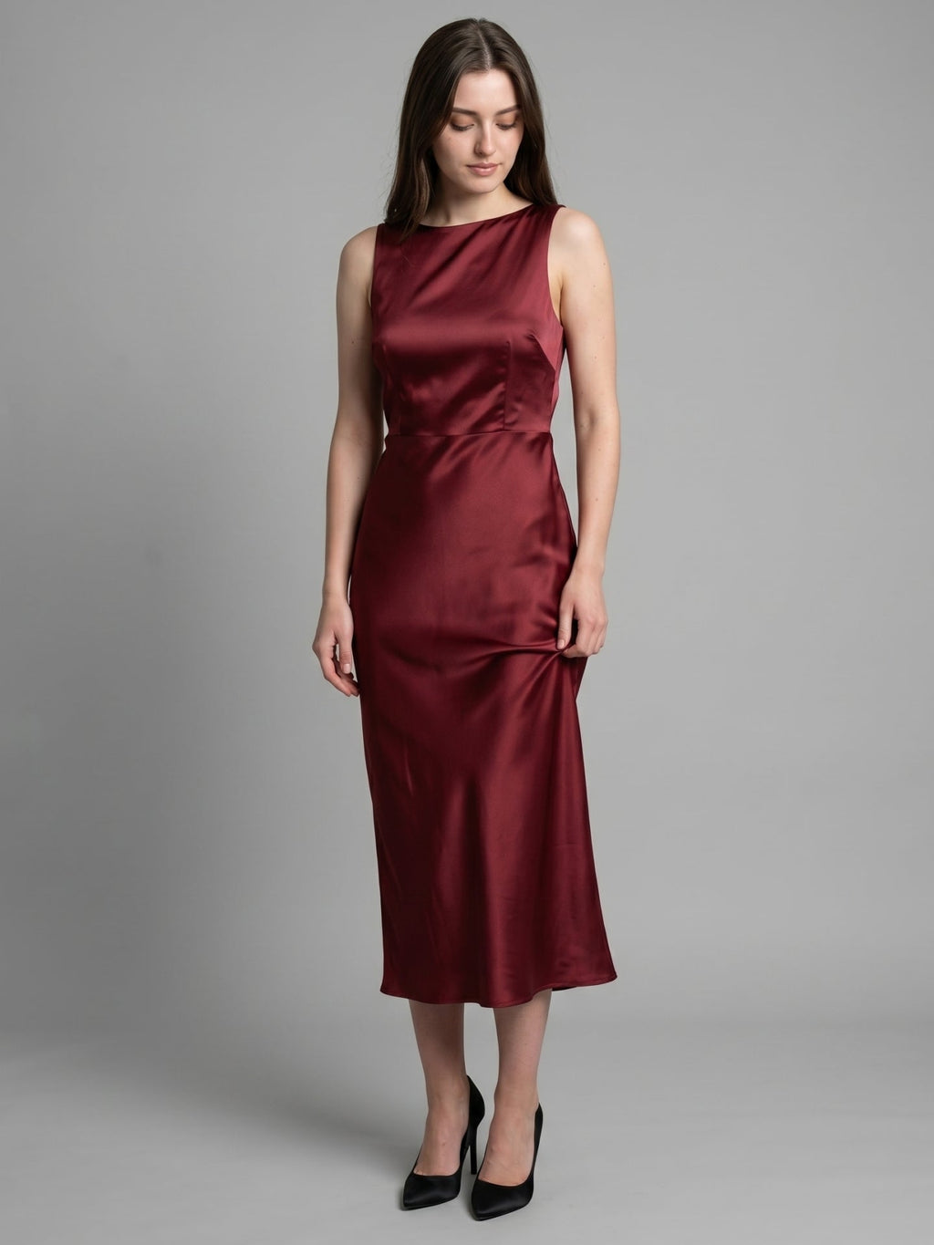 Wine Satin A-Line Scoop Neck Backless Ankle-Length Bridesmaid Dress - Curvevia