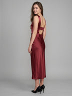 Wine Satin A-Line Scoop Neck Backless Ankle-Length Bridesmaid Dress - Curvevia