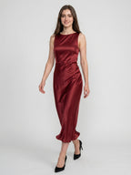 Wine Satin A-Line Scoop Neck Backless Ankle-Length Bridesmaid Dress - Curvevia