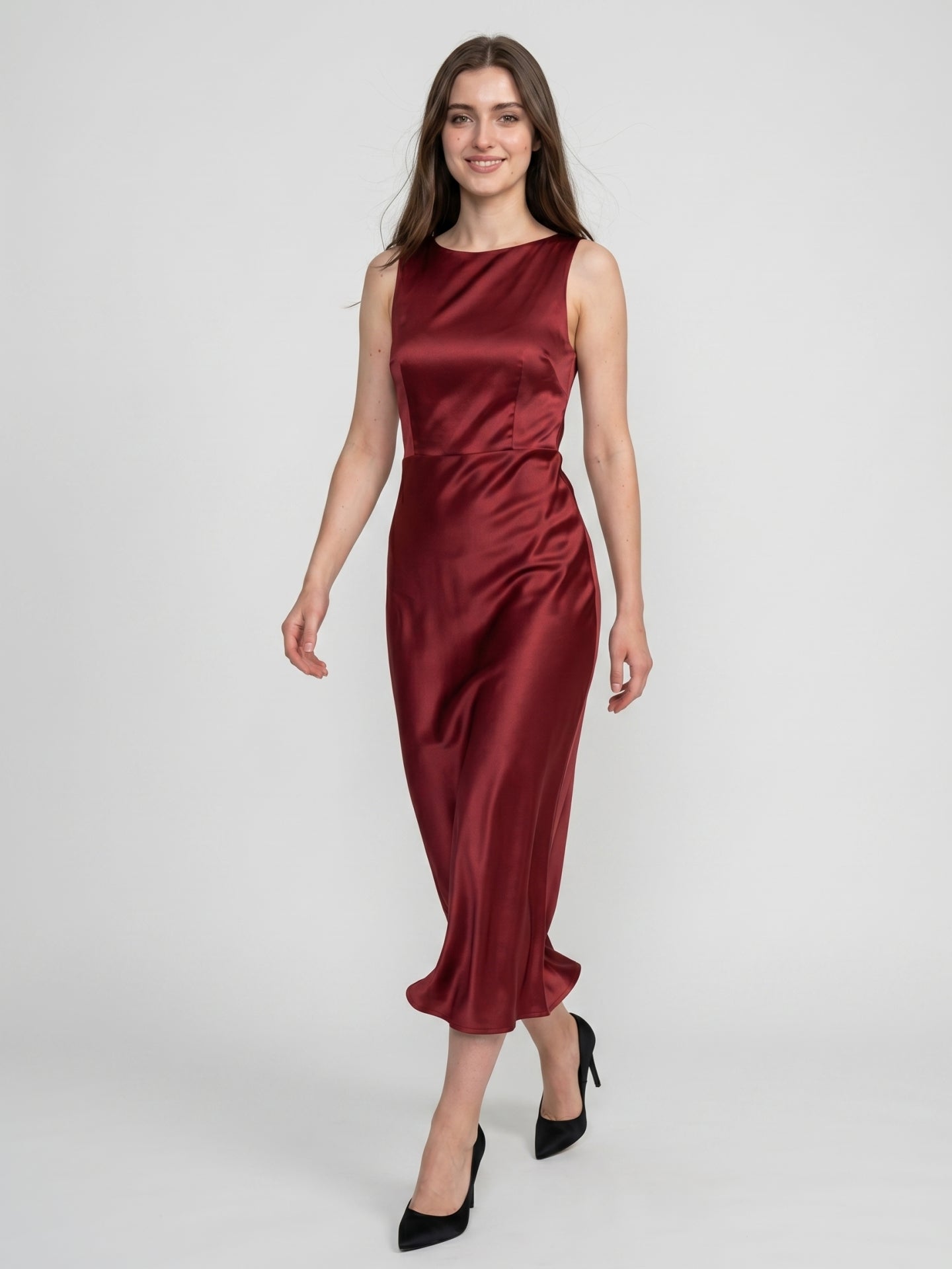 Wine Satin A-Line Scoop Neck Backless Ankle-Length Bridesmaid Dress - Curvevia