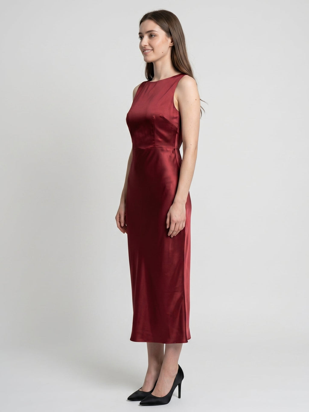 Wine Satin A-Line Scoop Neck Backless Ankle-Length Bridesmaid Dress - Curvevia