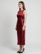 Wine Satin A-Line Scoop Neck Backless Ankle-Length Bridesmaid Dress - Curvevia