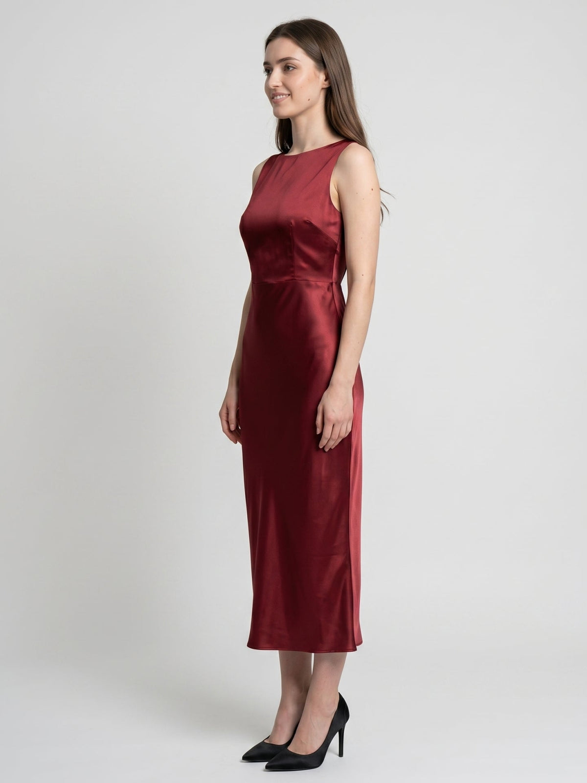 Wine Satin A-Line Scoop Neck Backless Ankle-Length Bridesmaid Dress - Curvevia