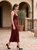 Wine Satin A-Line Scoop Neck Backless Ankle-Length Bridesmaid Dress - Curvevia