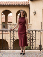 Wine Satin A-Line Scoop Neck Backless Ankle-Length Bridesmaid Dress - Curvevia