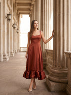 Wine Satin A-Line Square Neck Ankle-Length Bridesmaid Dress with Pleats - Curvevia