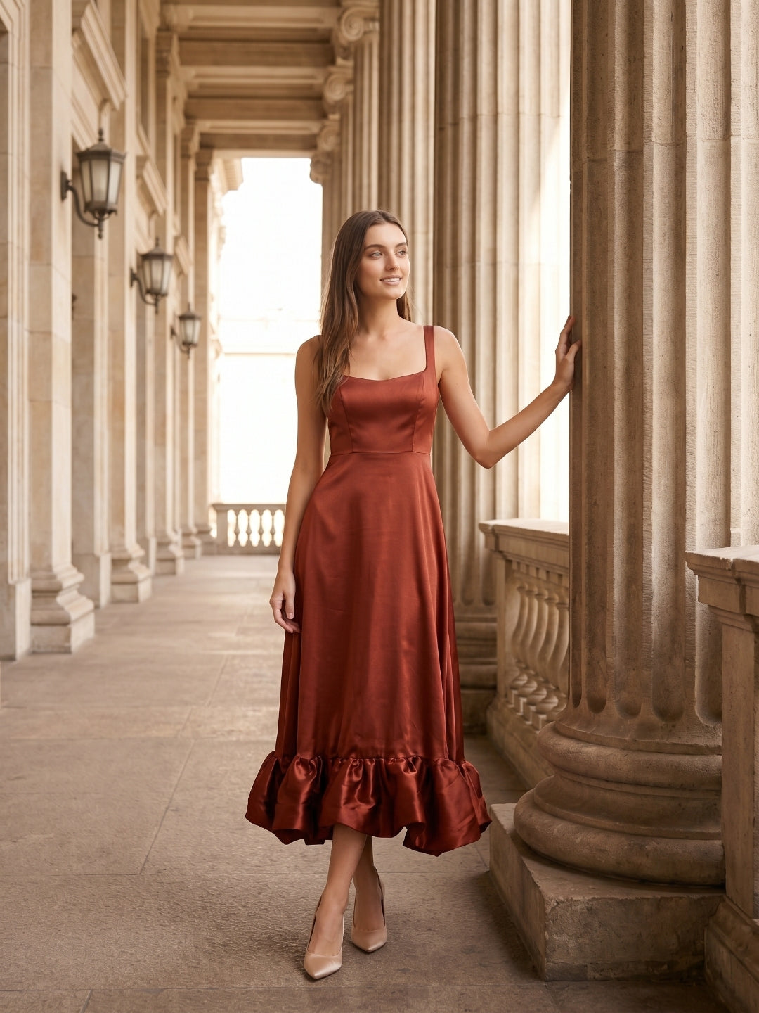 Wine Satin A-Line Square Neck Ankle-Length Bridesmaid Dress with Pleats - Curvevia