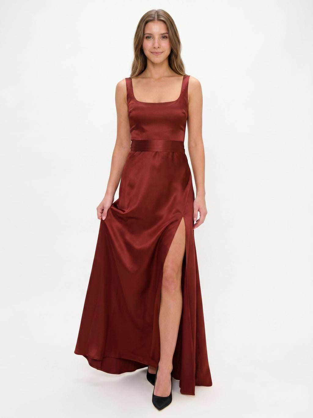 Wine Satin A-Line Square Neck Backless Ankle-Length Bridesmaid Dress - Curvevia