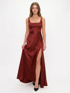 Wine Satin A-Line Square Neck Backless Ankle-Length Bridesmaid Dress - Curvevia