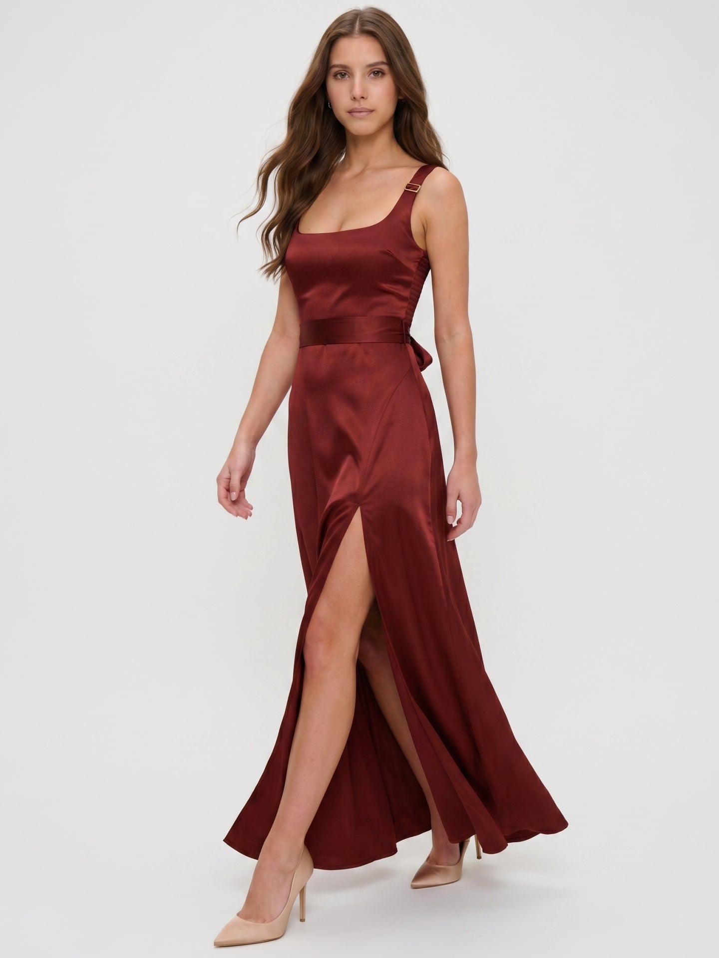 Wine Satin A-Line Square Neck Backless Ankle-Length Bridesmaid Dress - Curvevia