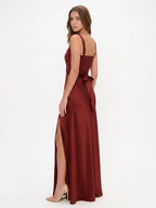 Wine Satin A-Line Square Neck Backless Ankle-Length Bridesmaid Dress - Curvevia