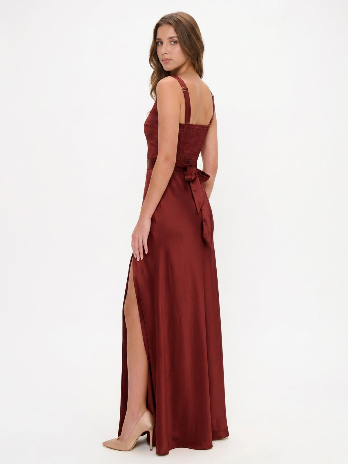 Wine Satin A-Line Square Neck Backless Ankle-Length Bridesmaid Dress - Curvevia