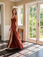 Wine Satin A-Line Square Neck Backless Ankle-Length Bridesmaid Dress - Curvevia