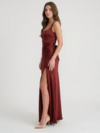 Wine Satin A-Line Square Neck Backless Ankle-Length Bridesmaid Dress - Curvevia