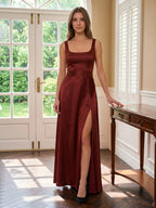 Wine Satin A-Line Square Neck Backless Ankle-Length Bridesmaid Dress - Curvevia