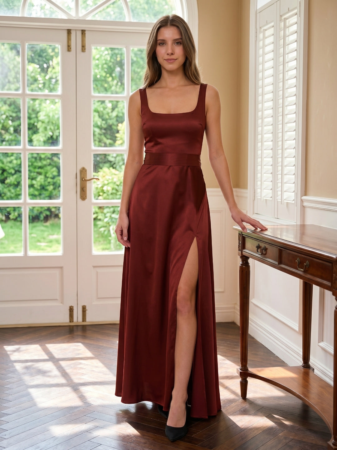 Wine Satin A-Line Square Neck Backless Ankle-Length Bridesmaid Dress - Curvevia